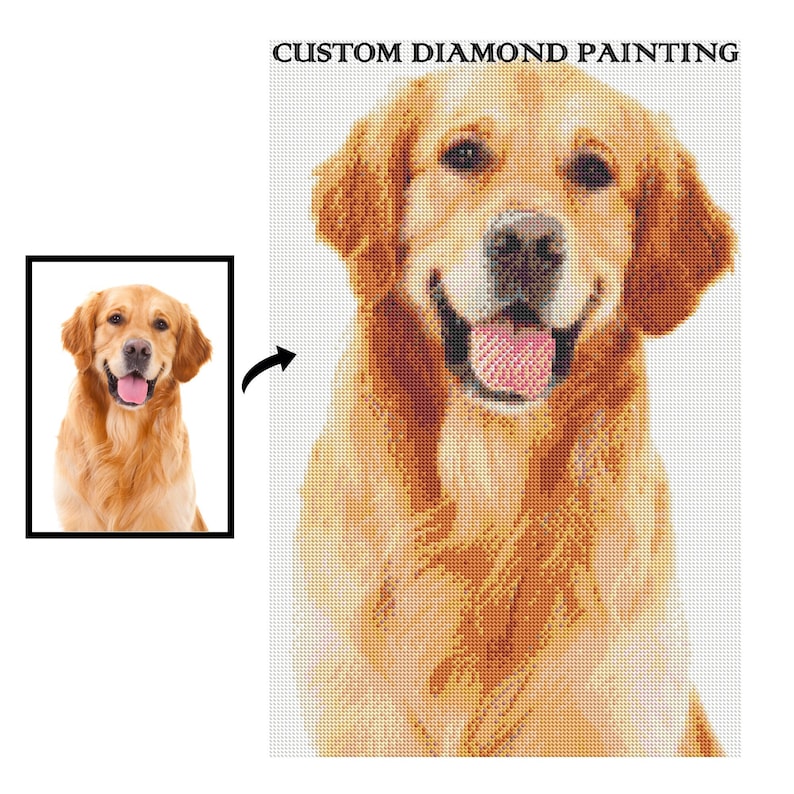 May include: A custom diamond painting of a golden retriever dog with a happy expression. The dog is sitting and looking directly at the viewer. The image is a close-up of the dog's head and shoulders.