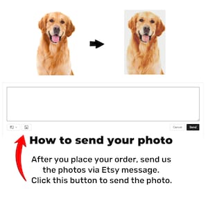 May include: A guide on how to send a photo for a custom pet portrait. The image shows a before and after example of a golden retriever photo being converted into a pixelated image. The text instructs the customer to send the photo via Etsy message after placing an order.