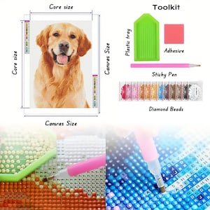 May include: Diamond painting kit featuring a golden retriever dog. The kit includes a canvas, diamond beads, a sticky pen, a plastic tray, and adhesive.