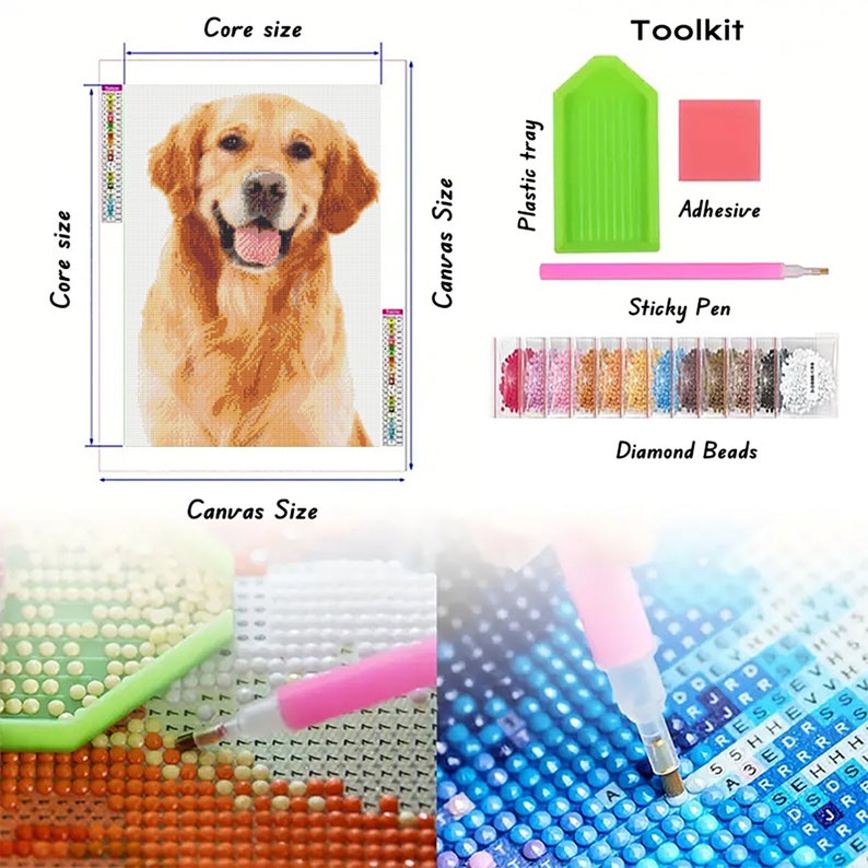 May include: Diamond painting kit featuring a golden retriever dog. The kit includes a canvas, diamond beads, a sticky pen, a plastic tray, and adhesive.
