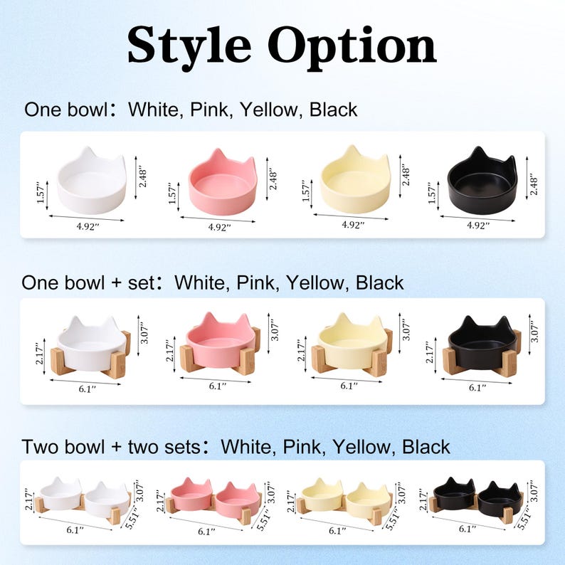 May include: A selection of cat-shaped bowls in white, pink, yellow, and black. The image shows single bowls, bowls with wooden stands, and sets of two bowls with stands. Measurements are provided in inches.
