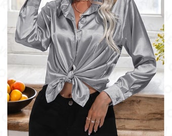 Satin Shirt Women Satin Artificial Silk Long Sleeve Shirt