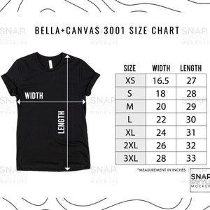 Puede incluir: Tabla de tallas para camisetas Bella + Canvas 3001, que muestra las medidas en pulgadas para el ancho y la longitud en las tallas XS a 3XL.