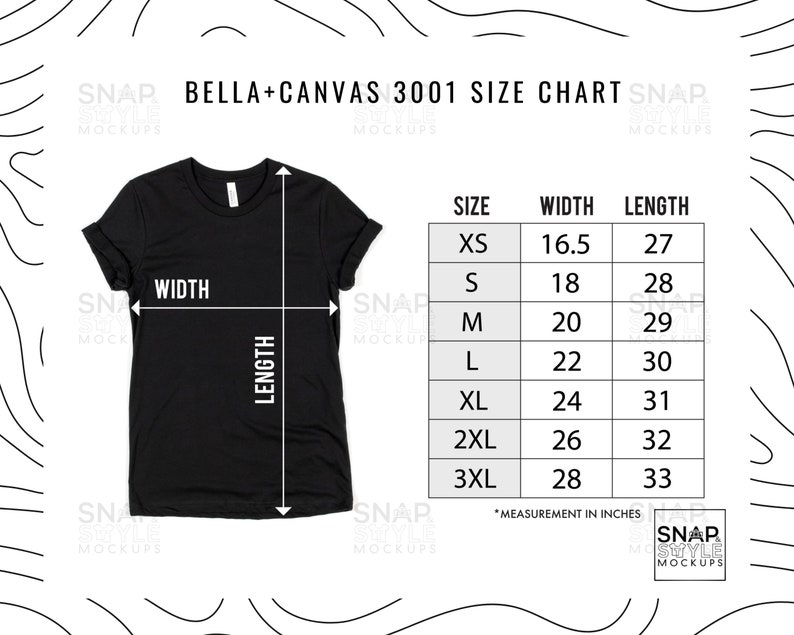 Puede incluir: Tabla de tallas para camisetas Bella + Canvas 3001, que muestra las medidas en pulgadas para el ancho y la longitud en las tallas XS a 3XL.