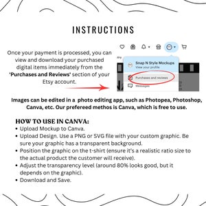 Puede incluir: Instrucciones sobre c&oacute;mo usar una maqueta en Canva. La imagen muestra una captura de pantalla del sitio web de Etsy con un c&iacute;rculo rojo que resalta la secci&oacute;n "Compras y rese&ntilde;as". El texto explica c&oacute;mo cargar un dise&ntilde;o, colocarlo en una camiseta y ajustar el nivel de transparencia.