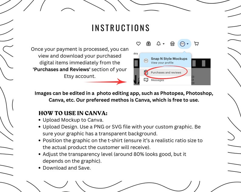 Puede incluir: Instrucciones sobre c&oacute;mo usar una maqueta en Canva. La imagen muestra una captura de pantalla del sitio web de Etsy con un c&iacute;rculo rojo que resalta la secci&oacute;n "Compras y rese&ntilde;as". El texto explica c&oacute;mo cargar un dise&ntilde;o, colocarlo en una camiseta y ajustar el nivel de transparencia.