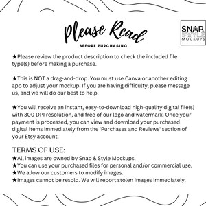 Puede incluir: Texto en blanco y negro sobre un fondo blanco con un borde de dise&ntilde;o gr&aacute;fico en blanco y negro. El texto dice "Por favor, lea antes de comprar" e incluye informaci&oacute;n sobre la descripci&oacute;n del producto, los tipos de archivos y los t&eacute;rminos de uso. El texto tambi&eacute;n incluye el nombre "Snap Style Mockups".