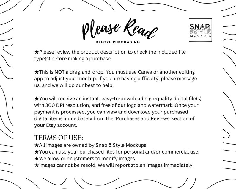 Puede incluir: Texto en blanco y negro sobre un fondo blanco con un borde de dise&ntilde;o gr&aacute;fico en blanco y negro. El texto dice "Por favor, lea antes de comprar" e incluye informaci&oacute;n sobre la descripci&oacute;n del producto, los tipos de archivos y los t&eacute;rminos de uso. El texto tambi&eacute;n incluye el nombre "Snap Style Mockups".
