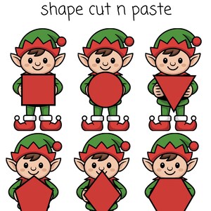 Puede incluir: Una hoja de trabajo educativa para niños con seis elfos de dibujos animados que sostienen diferentes formas rojas: cuadrado, círculo, triángulo, pentágono, rombo y hexágono. El texto dice: "Identify and match the shape cut n paste."