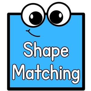 Könnte beinhalten: Ein blaues Quadrat mit den Worten "Shape Matching" in Weiß, schwarz umrandet. Das Quadrat hat ein Cartoon-Gesicht mit großen Augen und einem lächelnden Mund. Der Hintergrund ist weiß.