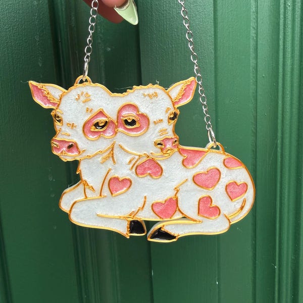 Two Headed Calf Suncatcher, Pink or Purple Heart Cow Window Hanging, Handmade Oddity Art, Whimsical Farm Decor