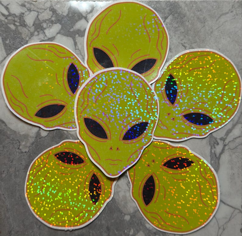 Holographic Alien Sticker, Sparkly Cute Alien Head, Whimsical Sci-fi ...