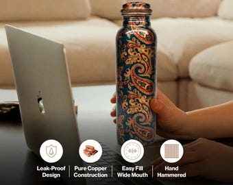 ロイヤルペイズリー銅製ウォーターボトル – 純銅製アーユルヴェーダ式水分補給、漏れ防止設計