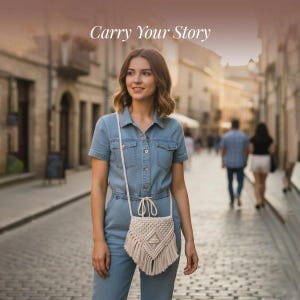 May include: A woman wearing a denim jumpsuit with a cream-colored macrame crossbody bag. The bag has a geometric design and fringe. The text "Carry Your Story" is at the top of the image. The background is a cobblestone street.