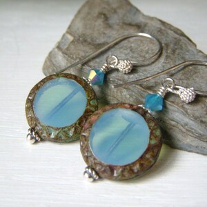 Aqua Opal Czech Glass Dangle Earrings, Mayan Sun Shape, Table Cut Style, Round Earrings, Sterling Silver Earwire