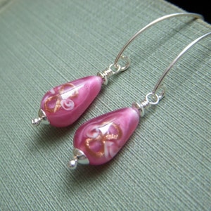 Floral Lampwork Earrings, Teardrop Earrings, Vintage Czech Glass Rose Pink Dangle, Sterling Silver Drop, Rosebud Flower Earrings image 1