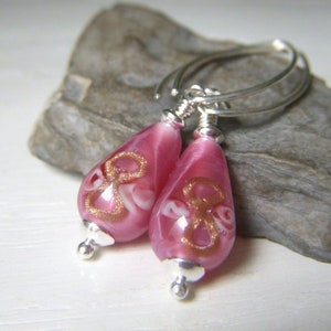 Floral Lampwork Earrings, Teardrop Earrings, Vintage Czech Glass Rose Pink Dangle, Sterling Silver Drop, Rosebud Flower Earrings image 4