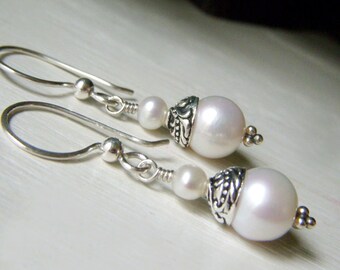 Bridal Pearl Earrings, White Pearl Sterling Silver Earrings, Wedding Jewelry, Round Freshwater Pearl Dangle, Basic Pearl Beaded Dangle