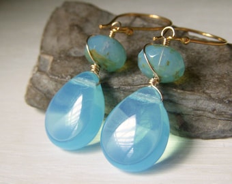 Aqua Opal Glass Teardrop Earrings, Czech Glass, Gold Earwire, Opal Blue Briolette, Large Opalescent Teardrop Dangle, Milky Blue Earrings