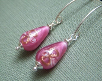 Floral Lampwork Earrings, Teardrop Earrings, Vintage Czech Glass Rose Pink Dangle, Sterling Silver Drop, Rosebud Flower Earrings