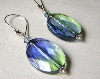 Large Swarovski Crystal Earrings, Two Tone Oval Sterling Silver, Provence Lavender and Chrysolite Green Crystal Earrings, Sterling Earwire