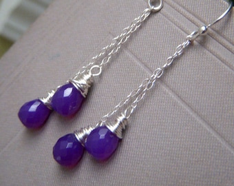 Purple Chalcedony Chain Earrings, Grape Color Earrings Sterling Silver, Purple Gemstone Earrings Wirewrapped Dangle