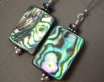Abalone Shell Earrings, Sterling Silver Earrings, Paua Jewelry, Iridescent Rainbow Rectangle Abalone Dangle Earrings