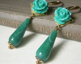 Teal Teardrop Earrings, Floral on Brass Dangle, Lucite Teardrop Swirl, Vintage Inspired Earrings