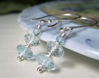 Genuine Blue Topaz Earrings Sterling Silver, Light Blue Gemstone Dangle, Rondelle Gemstone Earrings, Light Icy Swiss Blue Topaz Earrings