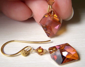 Crystal Copper Swarovski Earrings, Cosmic Shape, Gold Vermeil Earwire, Wire Wrapped Crystal Earrings