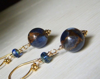 Mosaic Stone Quartz Earrings, Royal and Navy Blue, Round Beaded Dangle, Beautiful Gold and Blue Earrings, Gold Vermeil Earwire