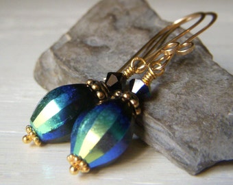 Black Crystal Earrings Goldfill, Vintage Czech Glass AB Aurora Borealis Earrings, Iridescent Earrings, Gold Filled Earwires