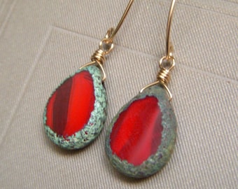 Lipstick Red Glass Teardrop Earrings, Table Cut Czech Glass, Gold Filled, Large Drop Dangle, Opal Red Glass