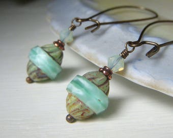 Mint Green Earrings, Brass Earrings, Seafoam Turbine Earrings, Cathedral Cut Minty Silk Czech Glass Earrings Dangle, Satin Glass Earrings