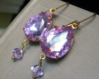 Lavender Pink Earrings, Glass Cabochon, Vintage Inspired, Brass Leverbacks, Crystal Teardrop, Victorian Style