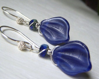 Lapis Leaf Earrings, Sterling Silver Dangle, Glass Leaf Earrings, Lapis Blue Etched Czech Glass, Navy Blue Earrings