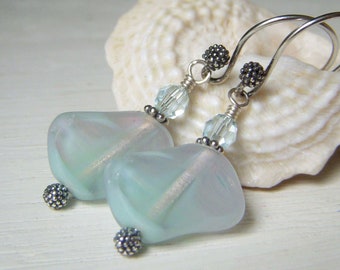 Light Aqua Glass Earrings, Sterling Silver, Table Cut Czech Glass, Diamond Shape Beaded Dangle