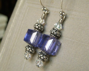 Tanzanite Swarovski Cube Earrings Sterling Silver, Violet Crystal Cube Dangles, Beaded Swarovski Earrings, Bali Sterling