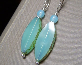 Aqua Opal Czech Glass Dangle Earrings, Oval Spindle Shape, Table Cut Style, Artisan Sterling Silver Interchangeable Earwires