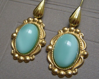 Green Moonglow Earrings, Silky Satin Glass Cabochon, Mint Green Earrings, Vintage Inspired, Brass Shell Earwire