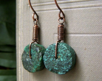 Turquoise Copper Earrings, Wirewrapped Dangle, Rustic Oxidized Copper Earings, Boho Turquoise Disc Wheel, Genuine Turquoise Dangle