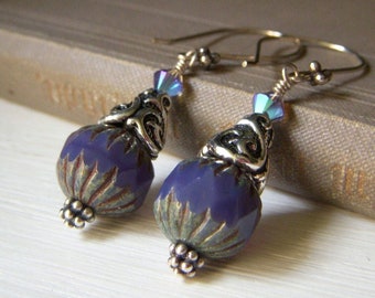 Violet Opal Glass Earrings, Purple Premium Czech Glass, Sterling Silver Dangle, Art Nouveau Style