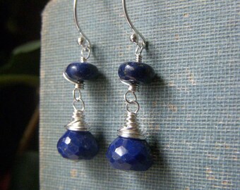 Lapis Onion Earrings Sterling Silver, Lapis Lazuli Wirewrapped Genuine Gemstone, Navy Royal Blue Stone, Dark Blue Onion Briolette