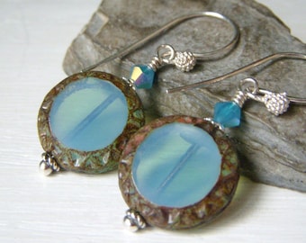 Aqua Opal Czech Glass Dangle Earrings, Mayan Sun Shape, Table Cut Style, Round Earrings, Sterling Silver Earwire