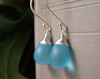 Frosty Aqua Teardrop Earrings, Sterling Silver, Wire Wrapped Blue Glass Briolette, Matte Czech Glass, Sea Glass Beach Glass