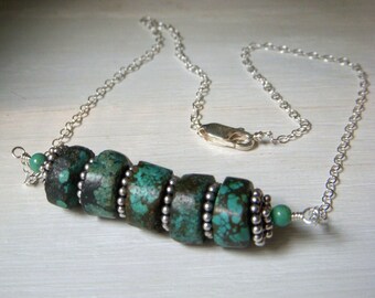 Real Turquoise Necklace Sterling Silver, Rustic Turquoise, Stacked Heishi Gemstone Bar Necklace, Chunky Tribal Genuine Turquoise