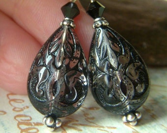 Lucite Teardrop Earrings on Sterling Leverbacks, Art Nouveau Florentine Style, Black Etched Dangle, Lightweight Earrings