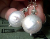 White Pearl Earrings, Coin Pearl, Leverback Sterling Silver Pearl Earrings, Iridescent Pearl Dangle, Bridal Pearl Jewelry