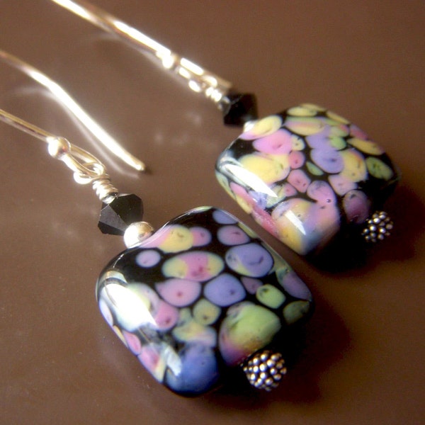 Purple Lampwork Earrings on Sterling . Swarovski Glass Dangle SRA Artisan Glass . Harlequin