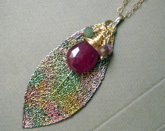 Real Leaf Necklace with Genuine Ruby and Tourmaline, 14k Gold Filled Chain, Botanical Gold Dipped Patina Leaf Pendant